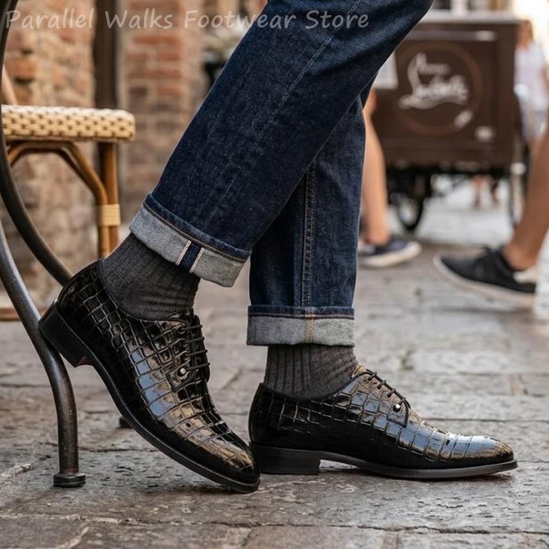 Men Shoes Oxford - Men Patent Leather Oxford Shoes Crocodile