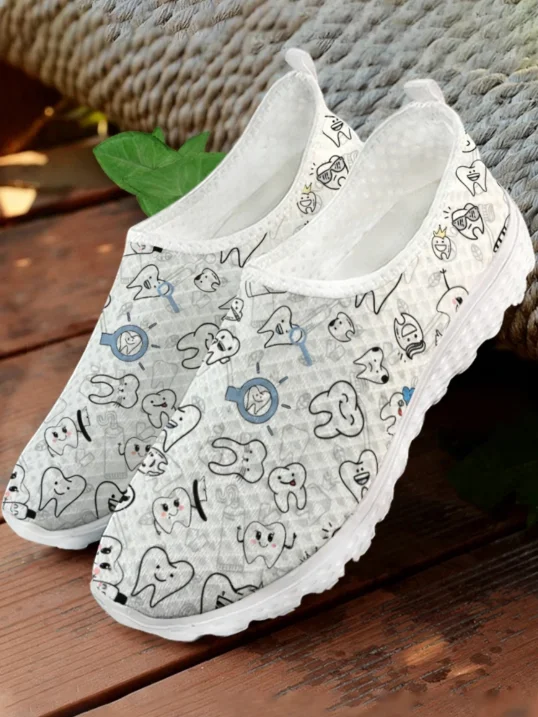 White Cartoon Teeth Print Mesh - đánh giá và giá Men'S Shoes For Tennis