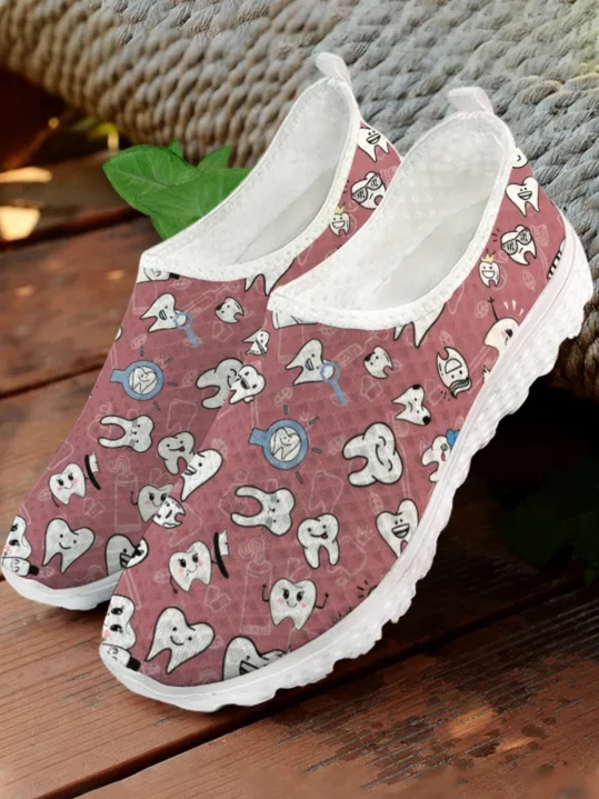 White Cartoon Teeth Print Mesh - đánh giá và giá Men'S Shoes For Tennis