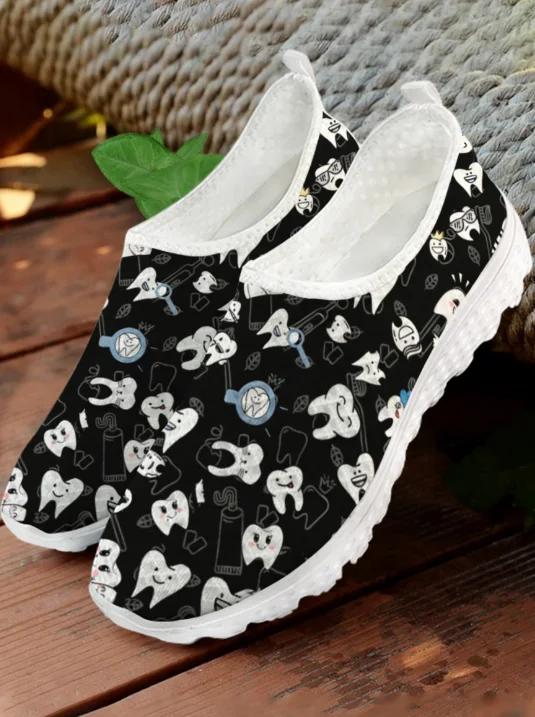 White Cartoon Teeth Print Mesh - đánh giá và giá Men'S Shoes For Tennis